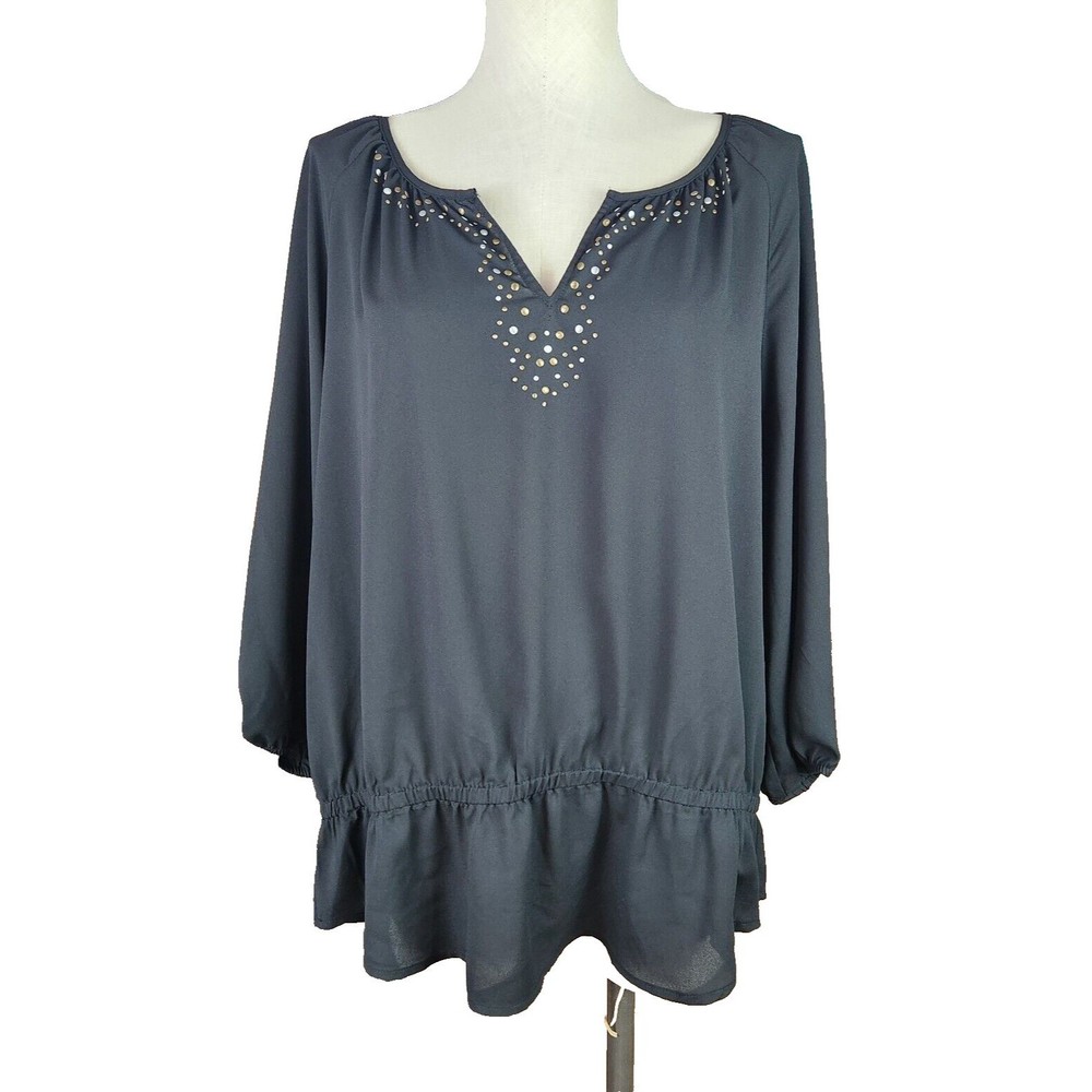 Chico’s Black Chiffon Sheer Embellished Peplum Blouse Size 3 or XL